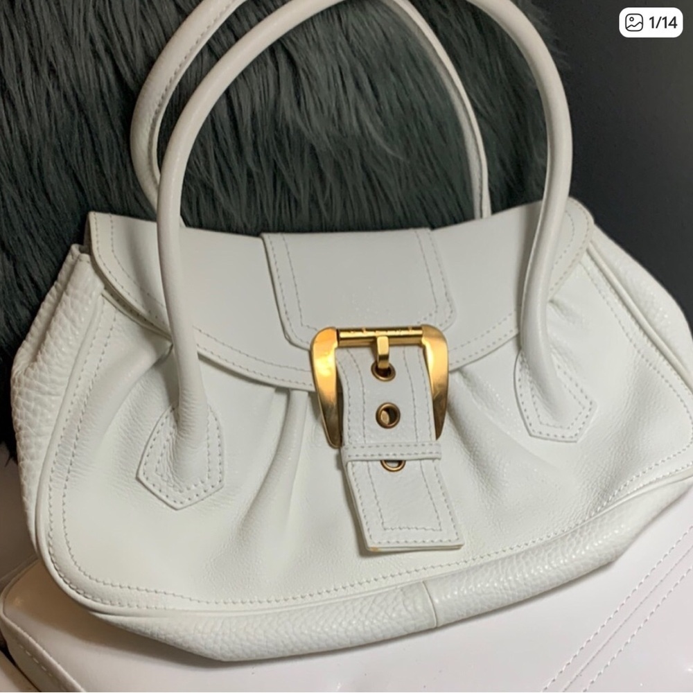 Celine Elegant White Leather Handbag with Gold Accents